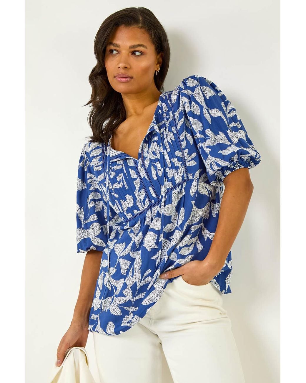 Roman Blue Leaf Print Tie Neck Pleated Top