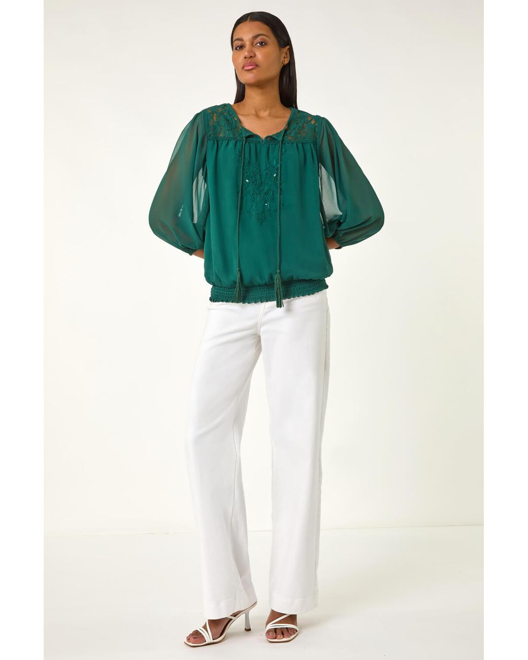Roman Green Embroidered Lace Shirred Hem Top