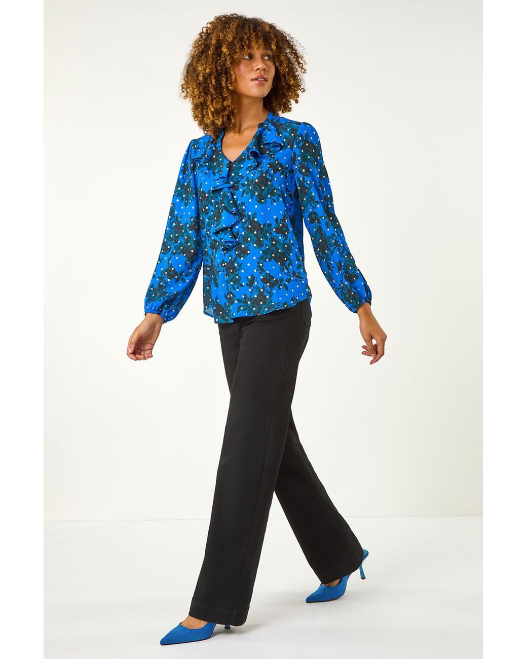 Roman Blue Foil Floral Print Ruffle Front Top