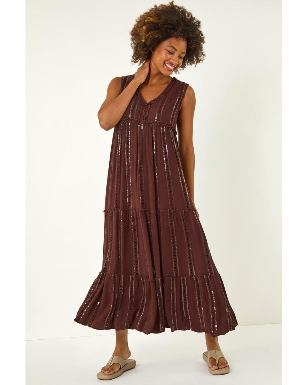 Roman Brown Sequin Tiered Maxi Dress