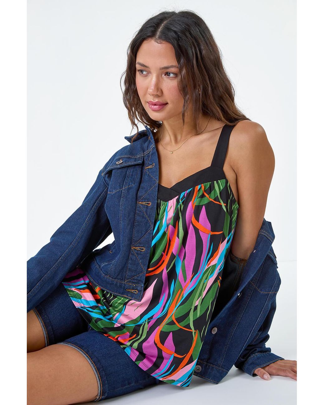 Roman Blue Contrast Leaf Print V-Neck Stretch Cami Top