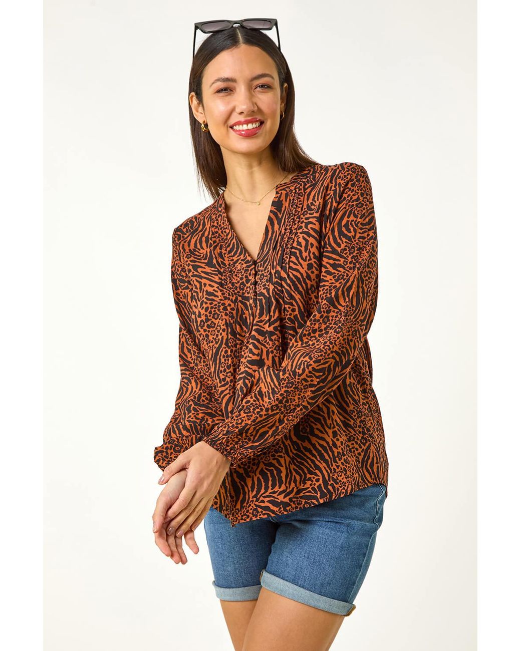 Roman Brown Animal Print Pintuck Button Top