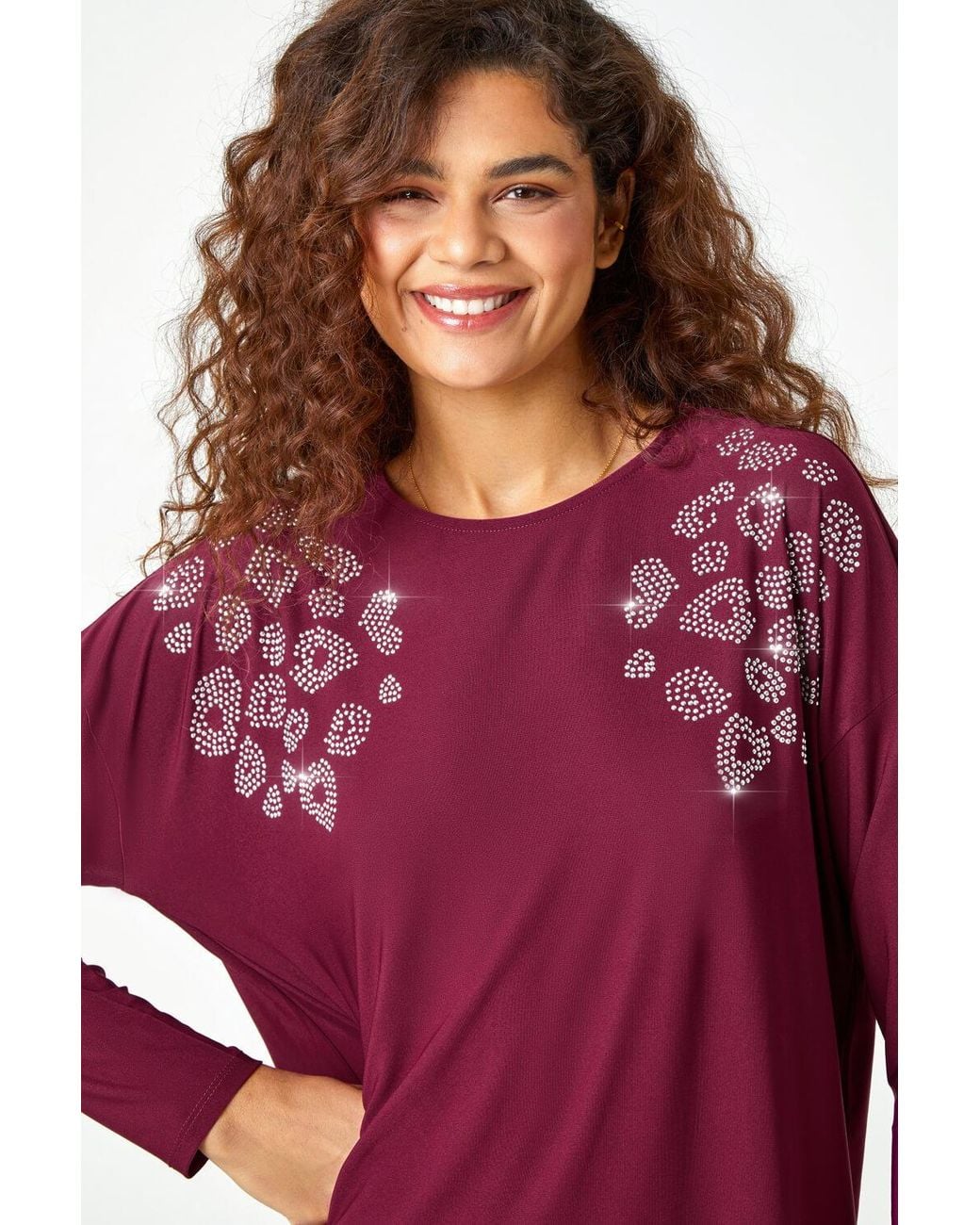 Roman Red Animal Print Embellished Stretch Top