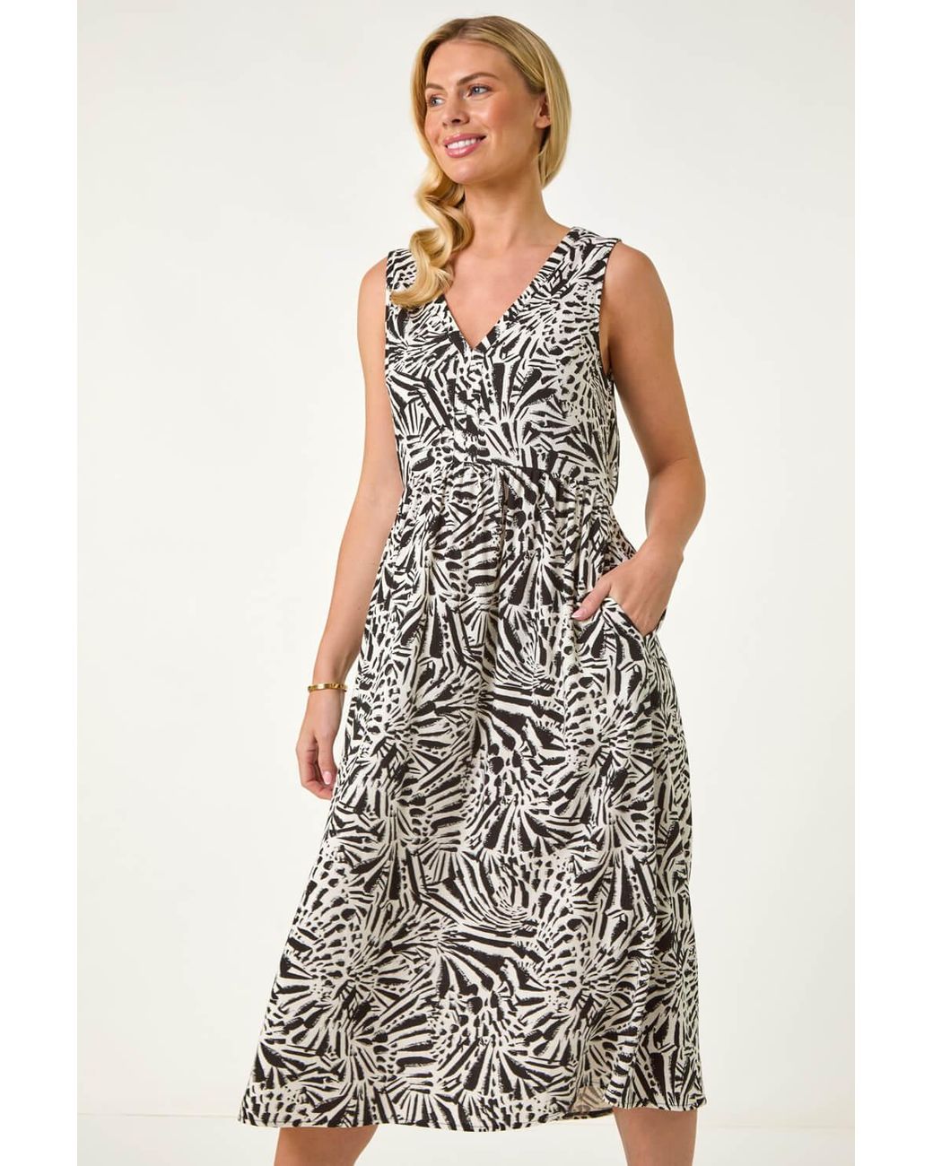 Roman Petite White Abstract Print V-Neck Midi Dress