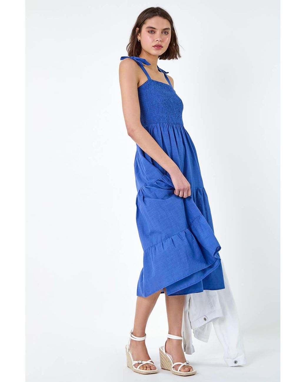 Roman Blue Shirred Tie Cotton Tiered Midi Dress