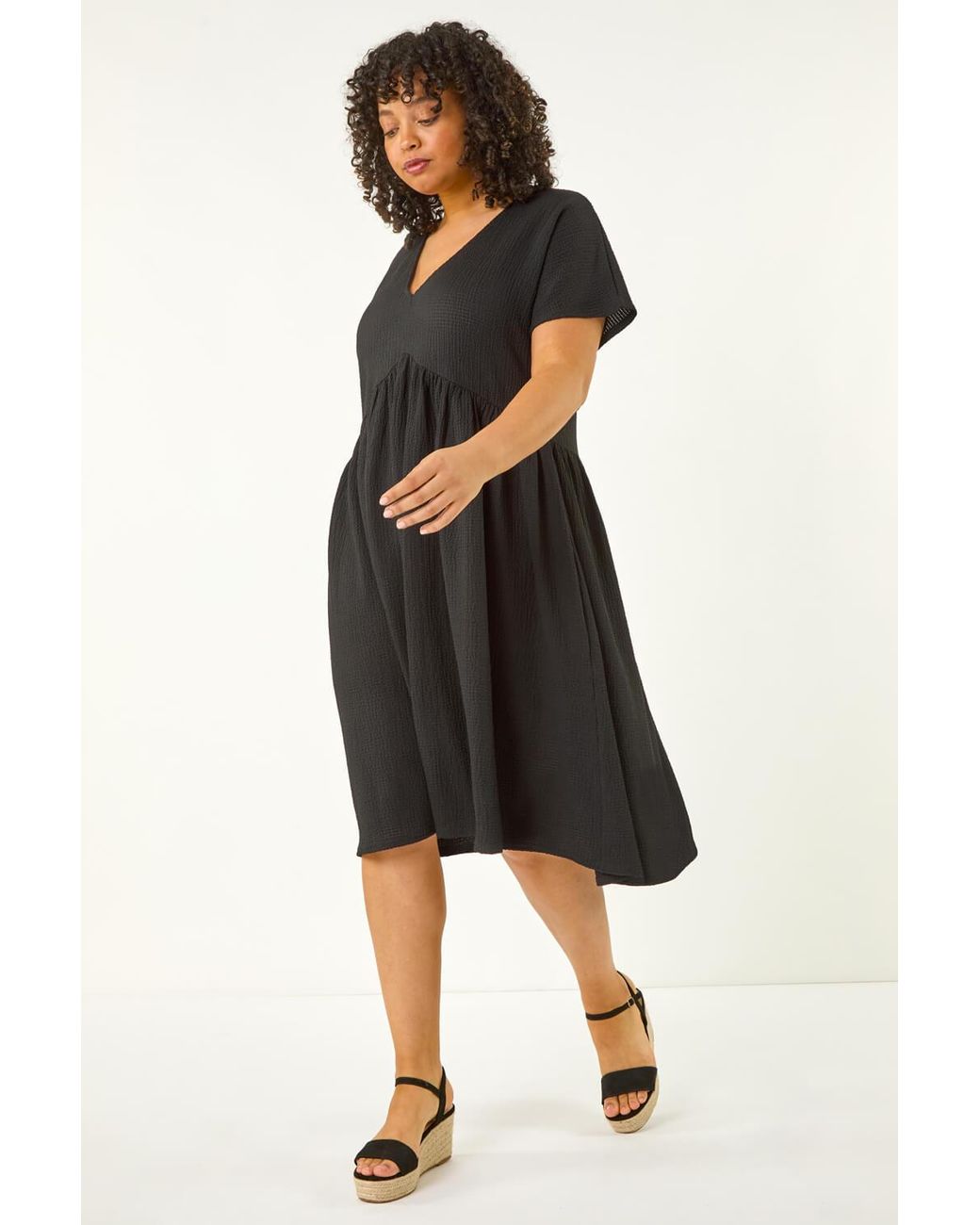 Roman Curve Black Textured V-Neck Stretch Dress