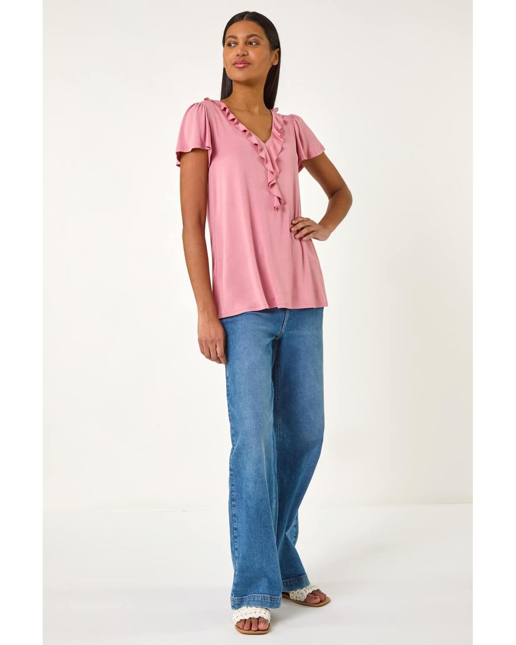 Roman Blue Ruffle Front Stretch Top