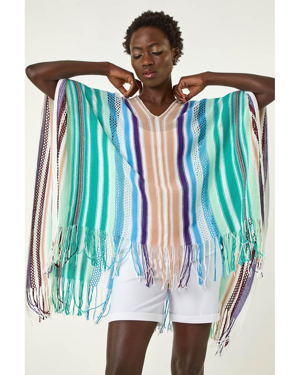Roman Blue Multi Stripe Knit Poncho