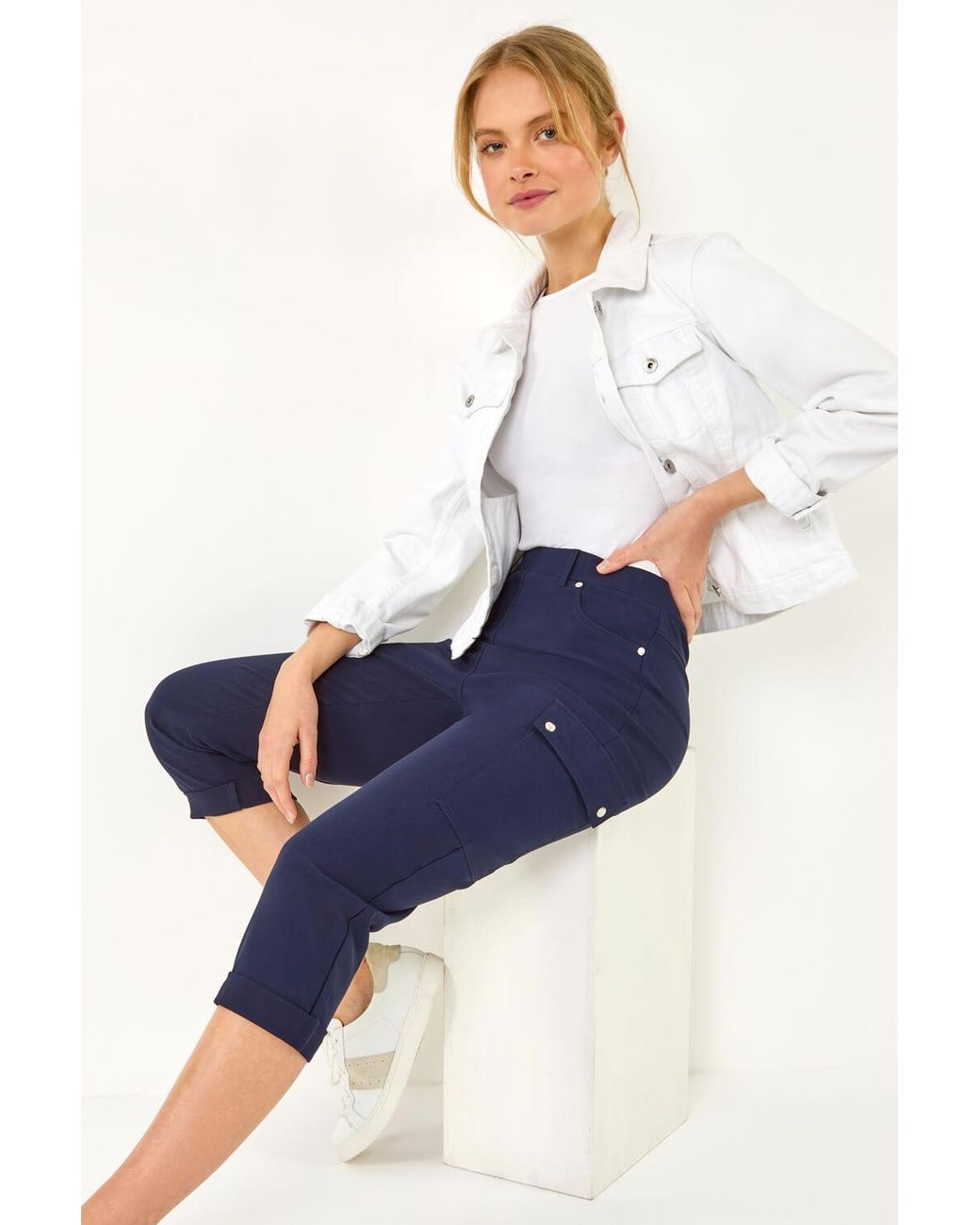 Roman Blue Elastic Waist Turn Up Stretch Cargo Trousers