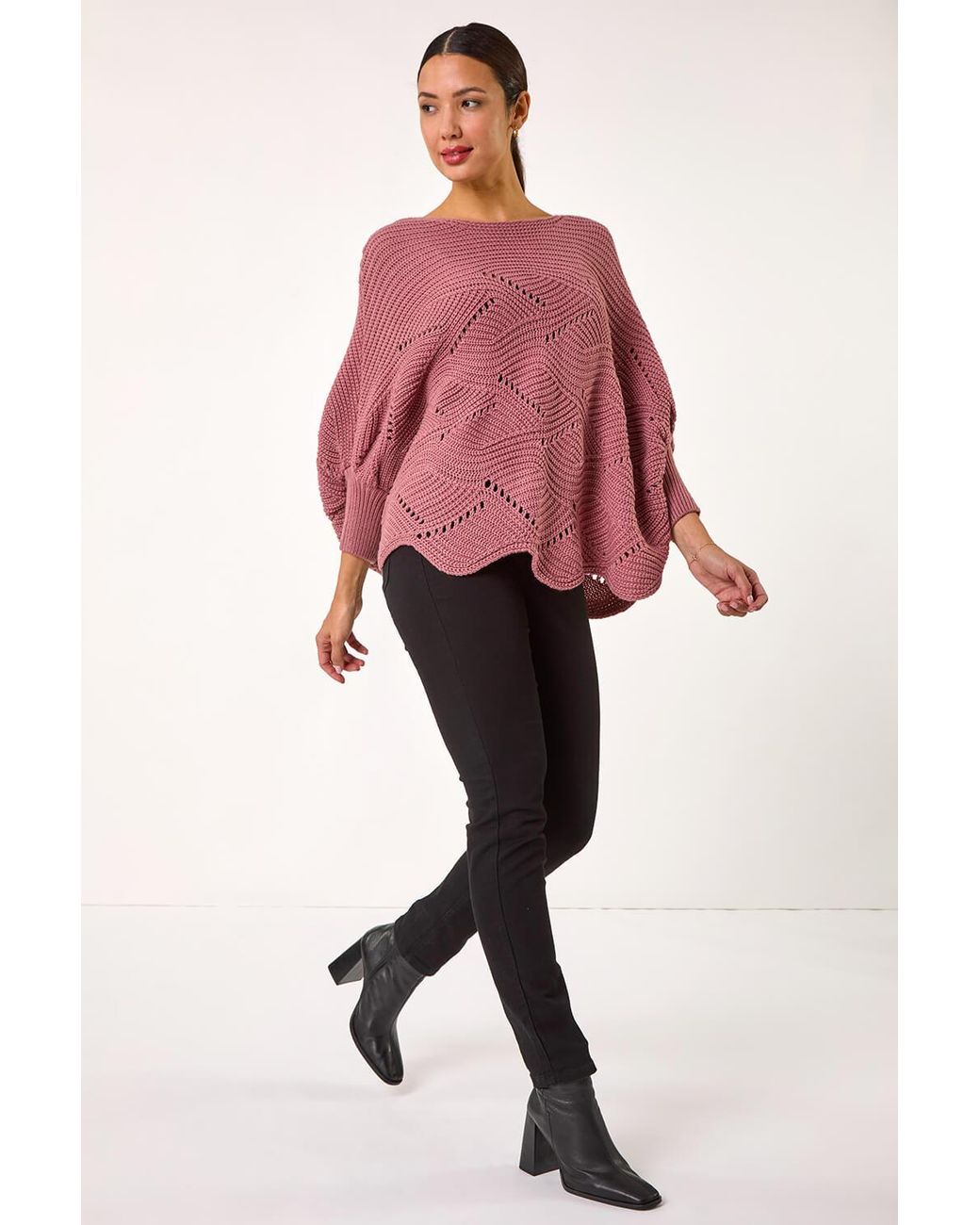 Roman Red Pointelle Detail Knit Poncho