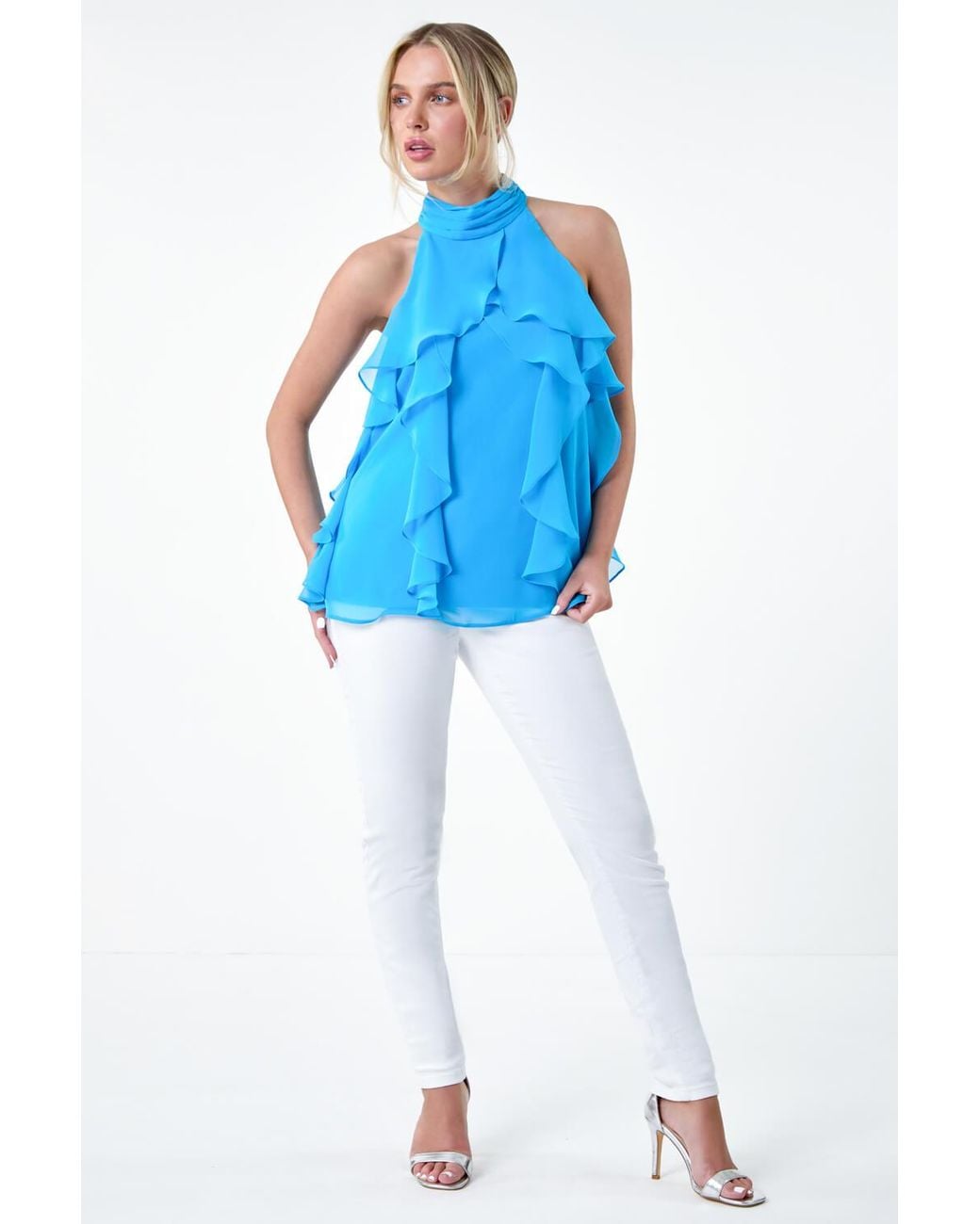 Roman Petite Blue Halter Neck Frill Top