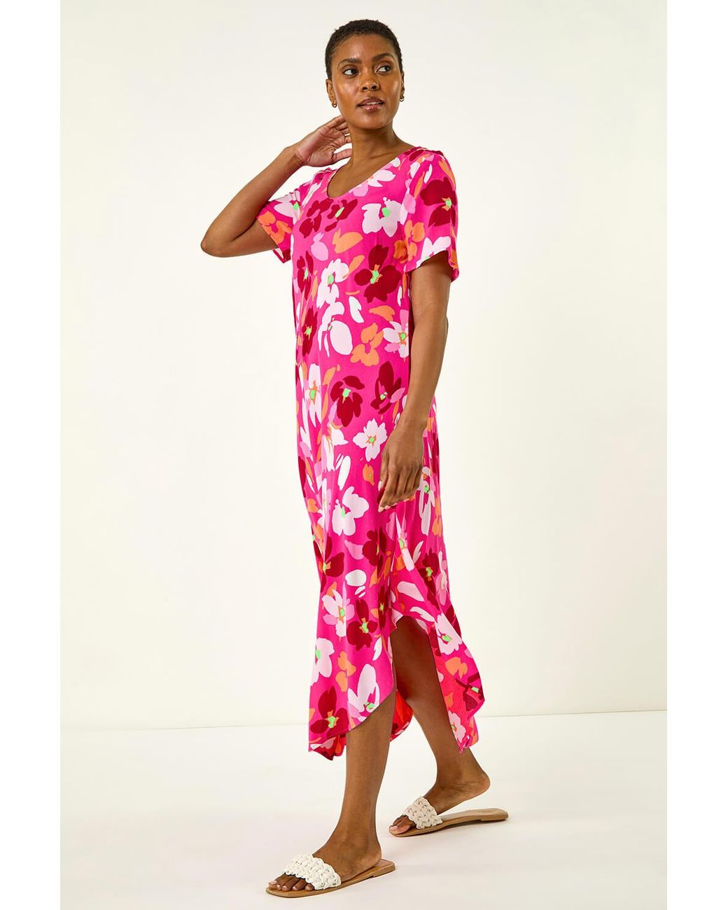 Roman Red Floral Print Asymmetric Hem T-Shirt Dress