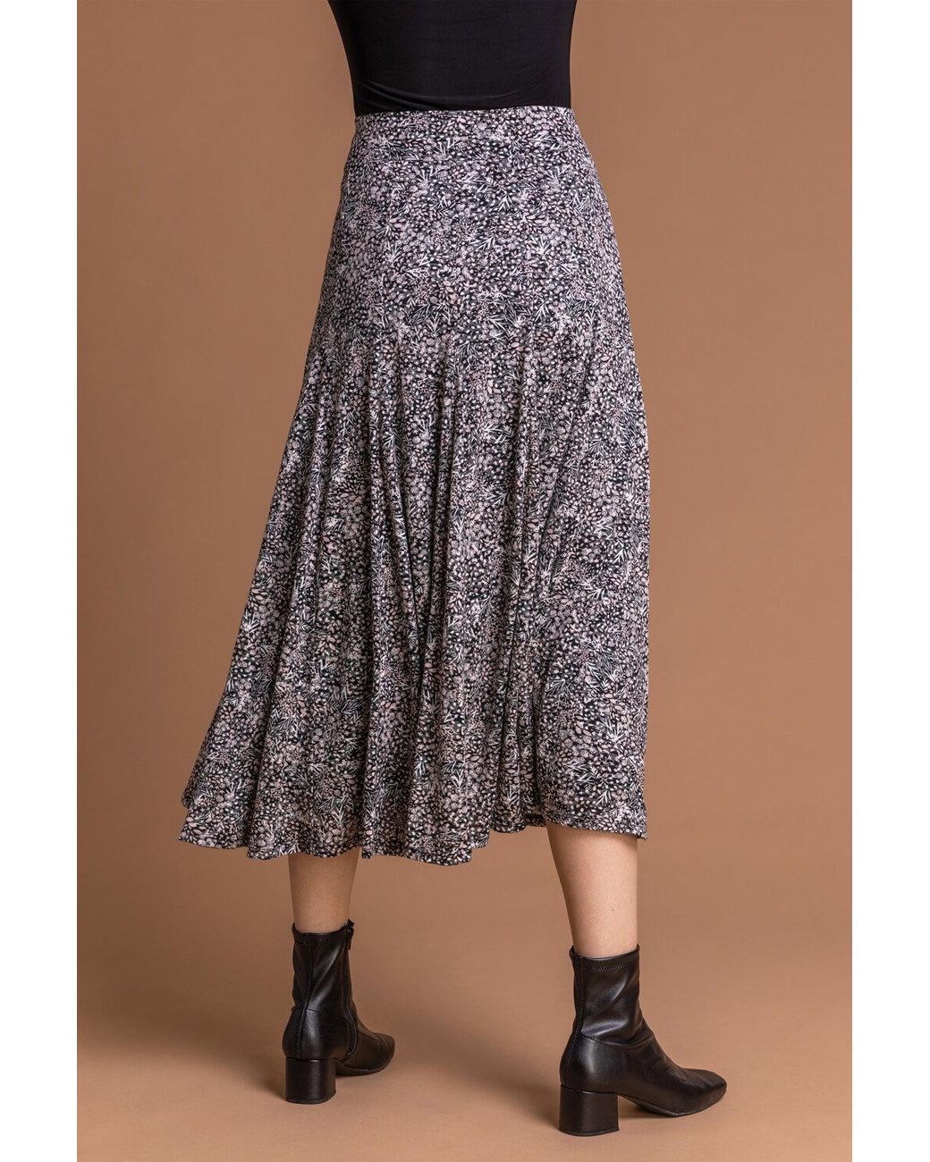 Roman Gray Floral Print Burnout Midi Skirt