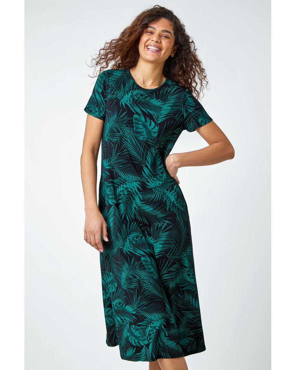 Roman Green Leaf Print Stretch Midi Dress