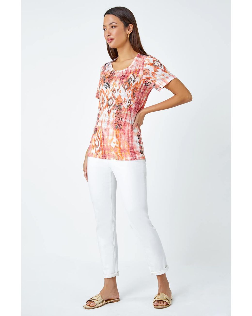 Roman Orange Burnout Aztec Print Diamante Top