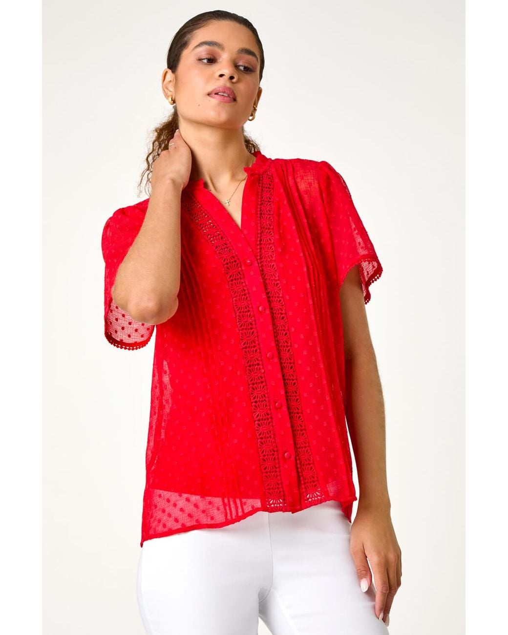 Roman Textured Spot Lace Trim Blouse