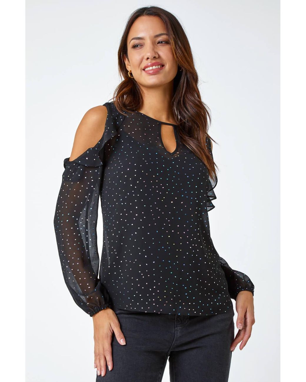 Roman Black Metallic Star Frill Detail Top