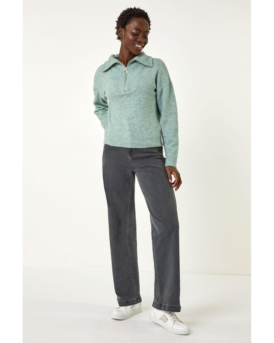 Roman Blue Collar Zip Neck Knit Jumper