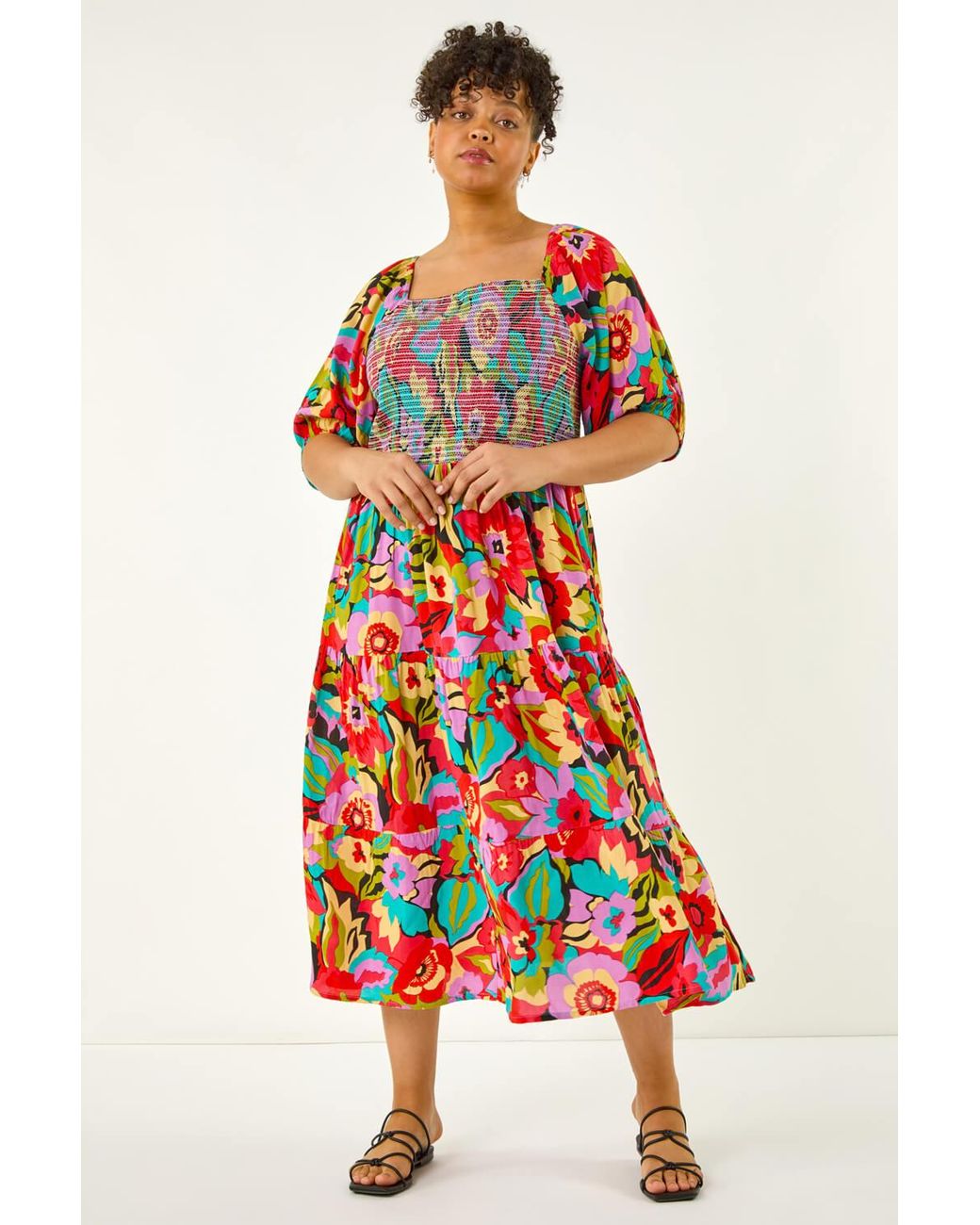 Roman Curve Floral Shirred Midi Dress