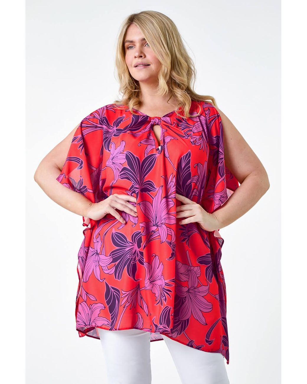 Roman Curve Red Floral Twist Detail Keyhole Top
