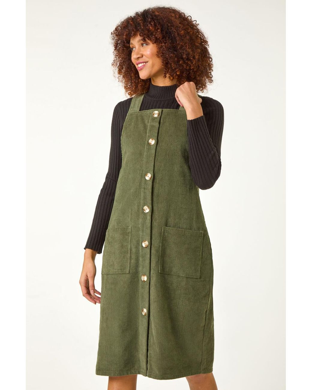 Roman Green Corduroy Pinafore Midi Dress