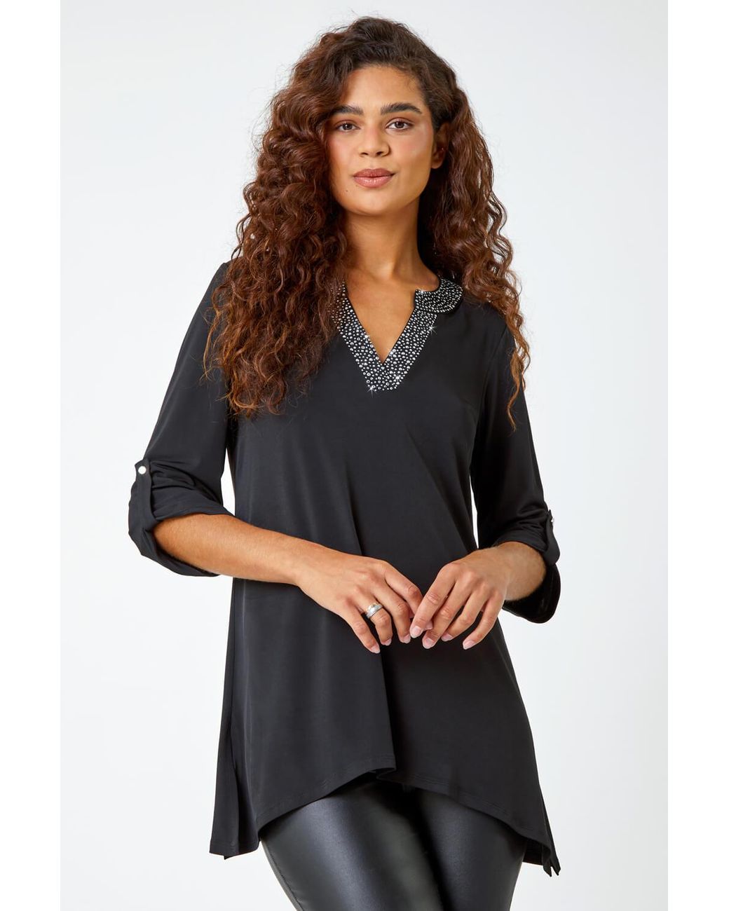 Roman Black Diamante Trim Tunic Stretch Top