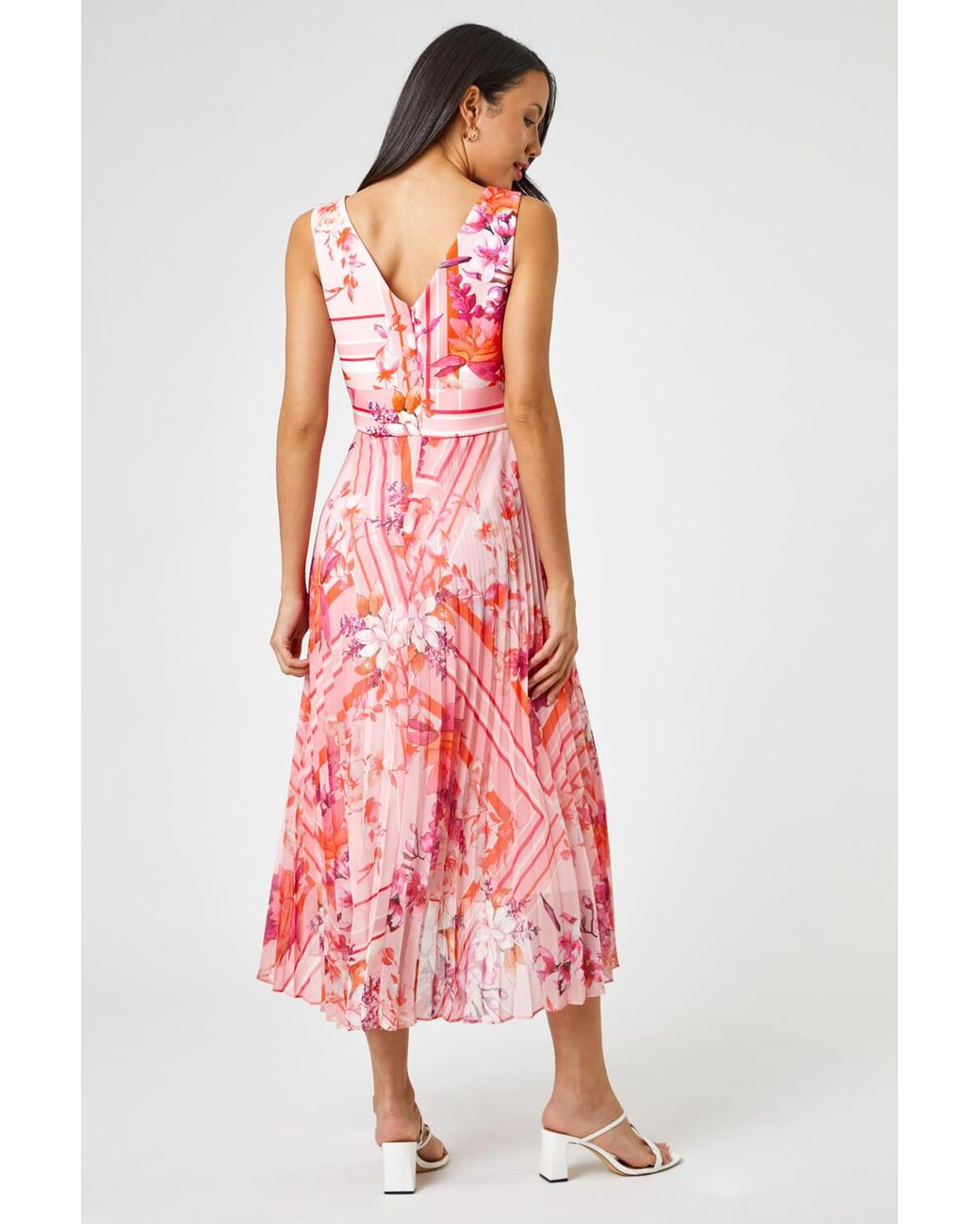 Roman Pink Floral Print Fit And Flare Pleated Dress