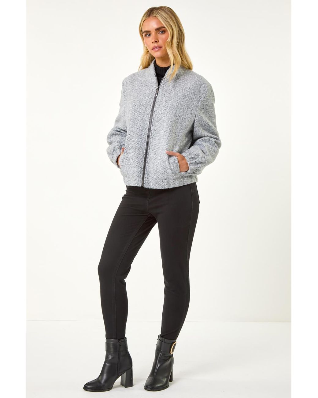 Roman Petite Gray Textured Bomber Style Jacket