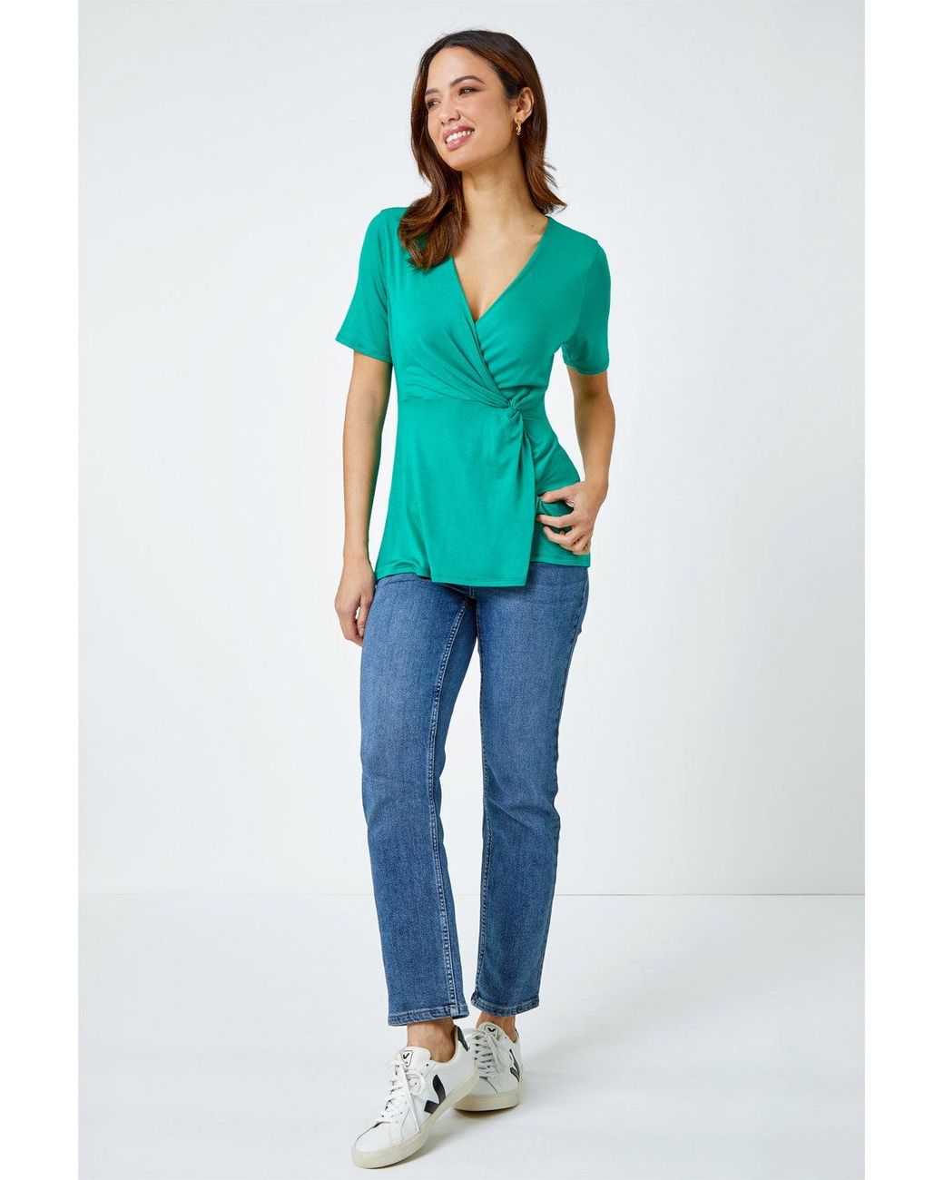 Roman Green Side Twist V-Neck Wrap Top
