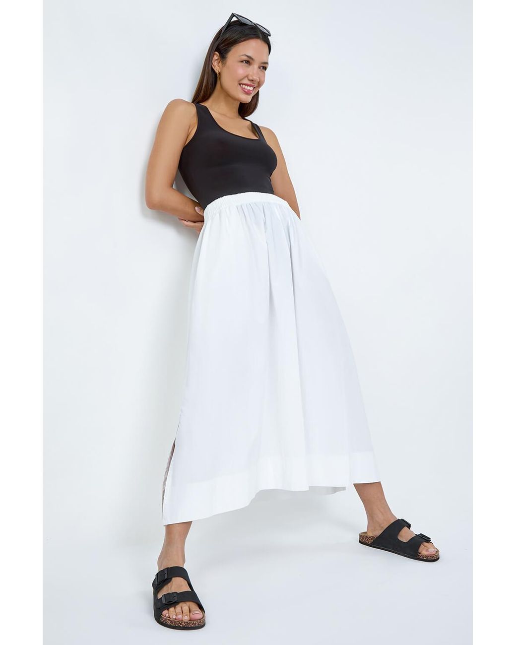 Roman White Elastic Waist Cotton Poplin A Line Pocket Skirt