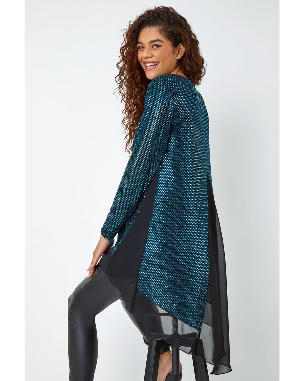 Roman Blue Chiffon Hem Sequin Stretch Tunic Top