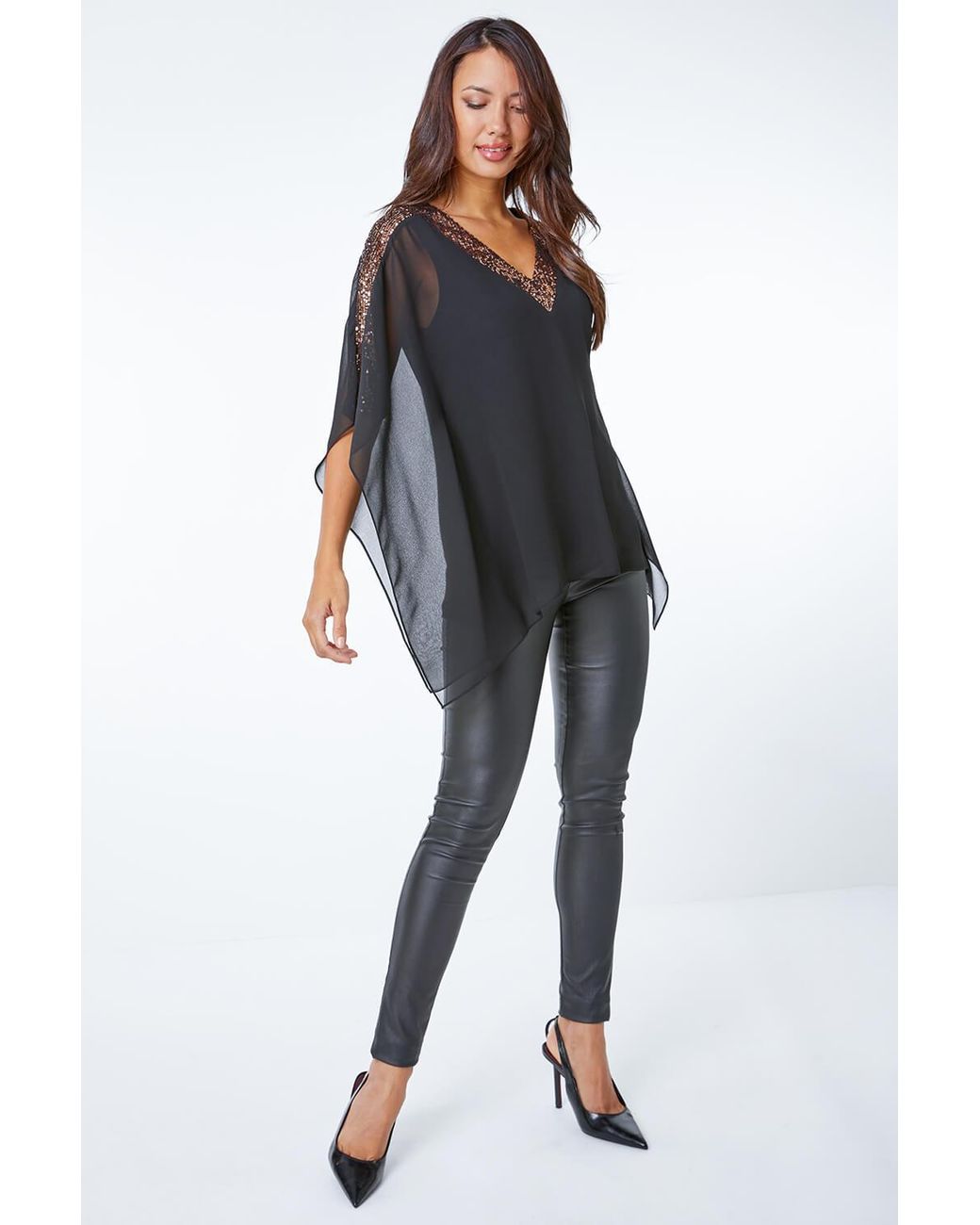 Roman Black Sequin Embellished Trim Chiffon Overlay Top