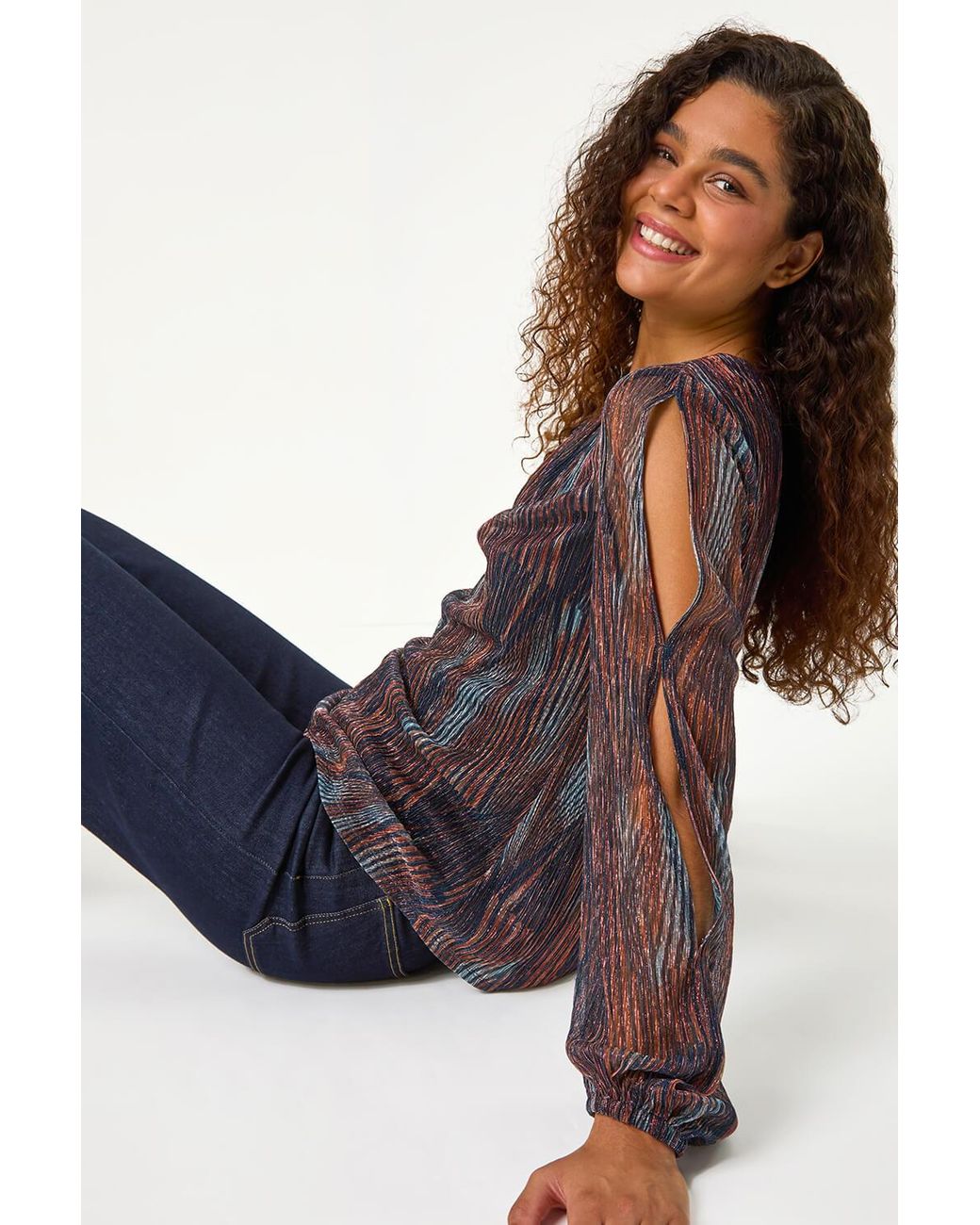 Roman Blue Geometric Print Shimmer Plisse Top