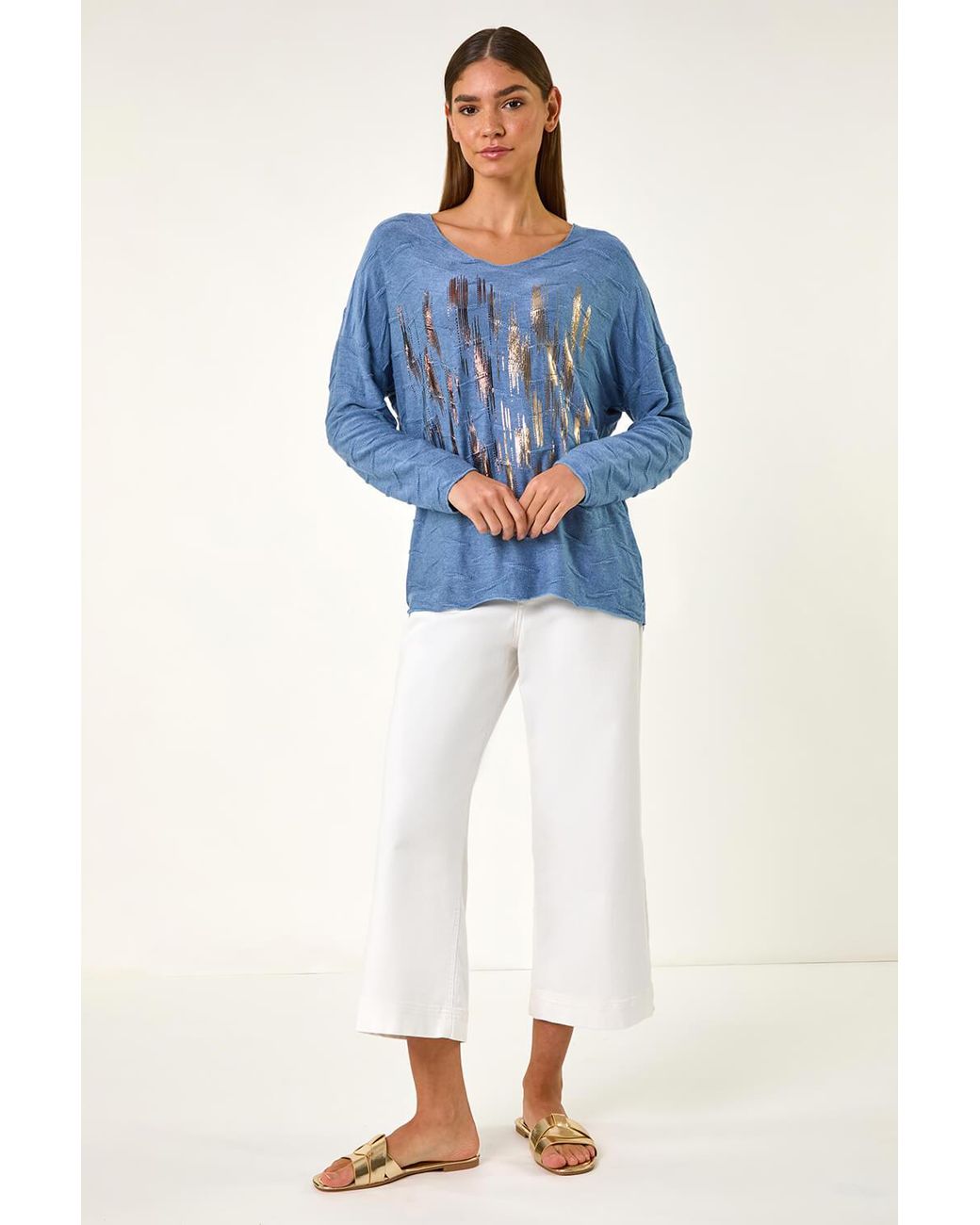 Roman Blue Foil Textured V-Neck Tunic Top