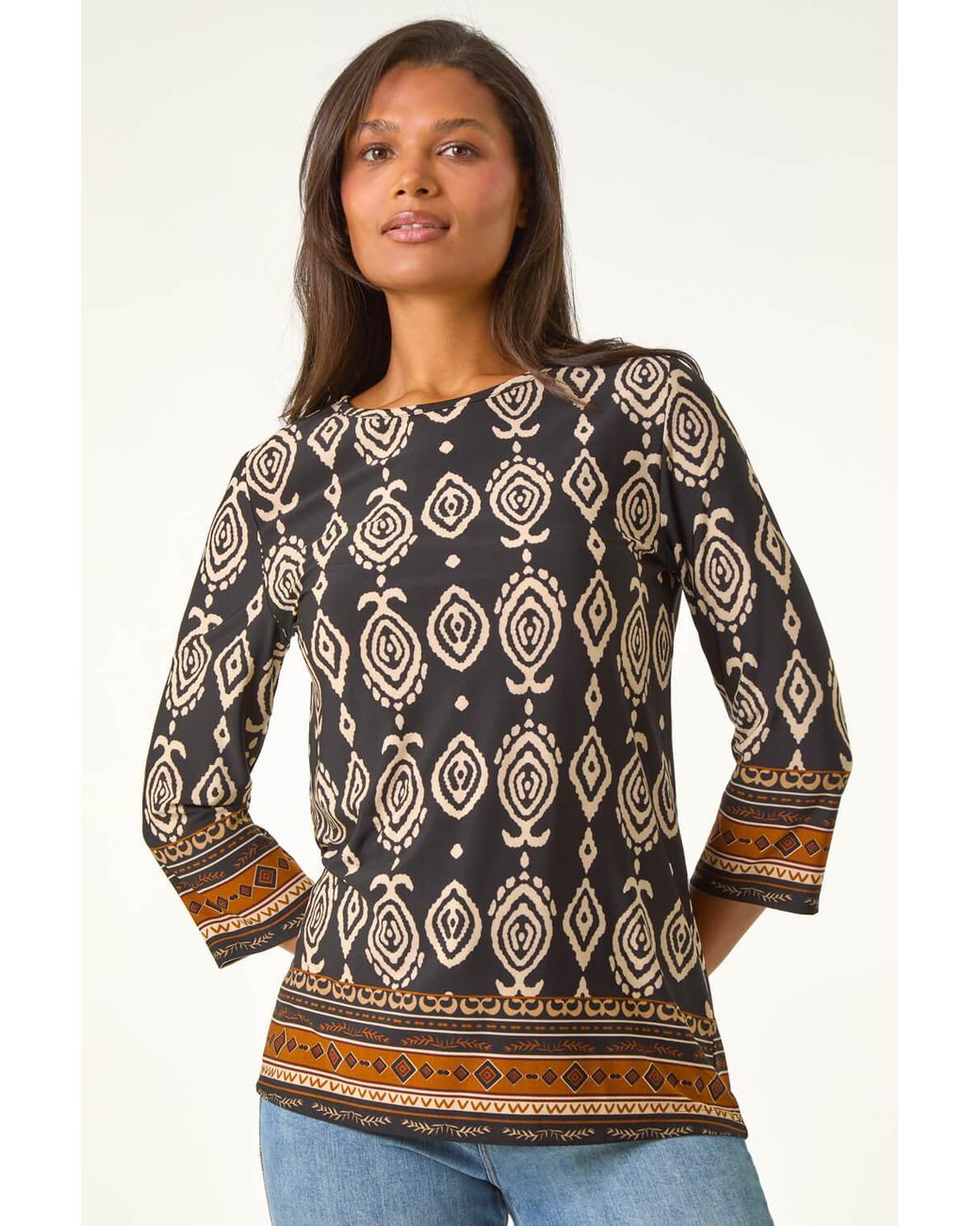 Roman Blue Ikat Border Hem Stretch Top