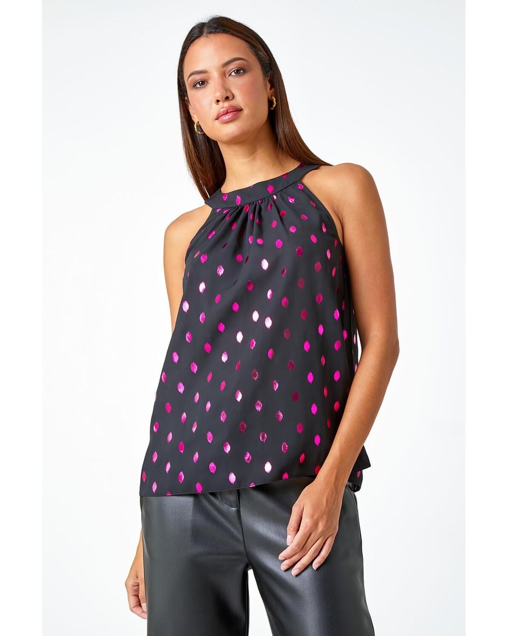 Roman Blue Metallic Polka Dot Print Halterneck Top