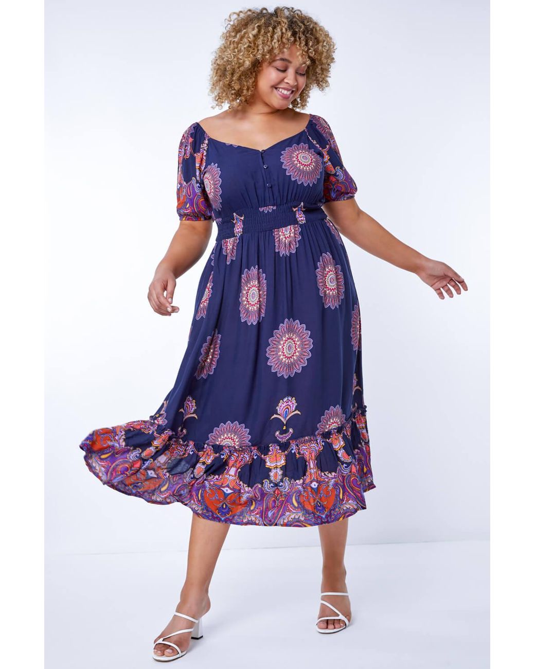 Roman Curve Blue Boho Print Sweetheart Midi Dress