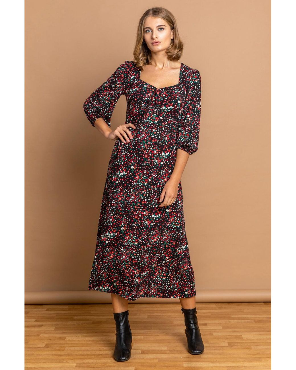 Roman Black Ditsy Floral Tie Front Midi Dress