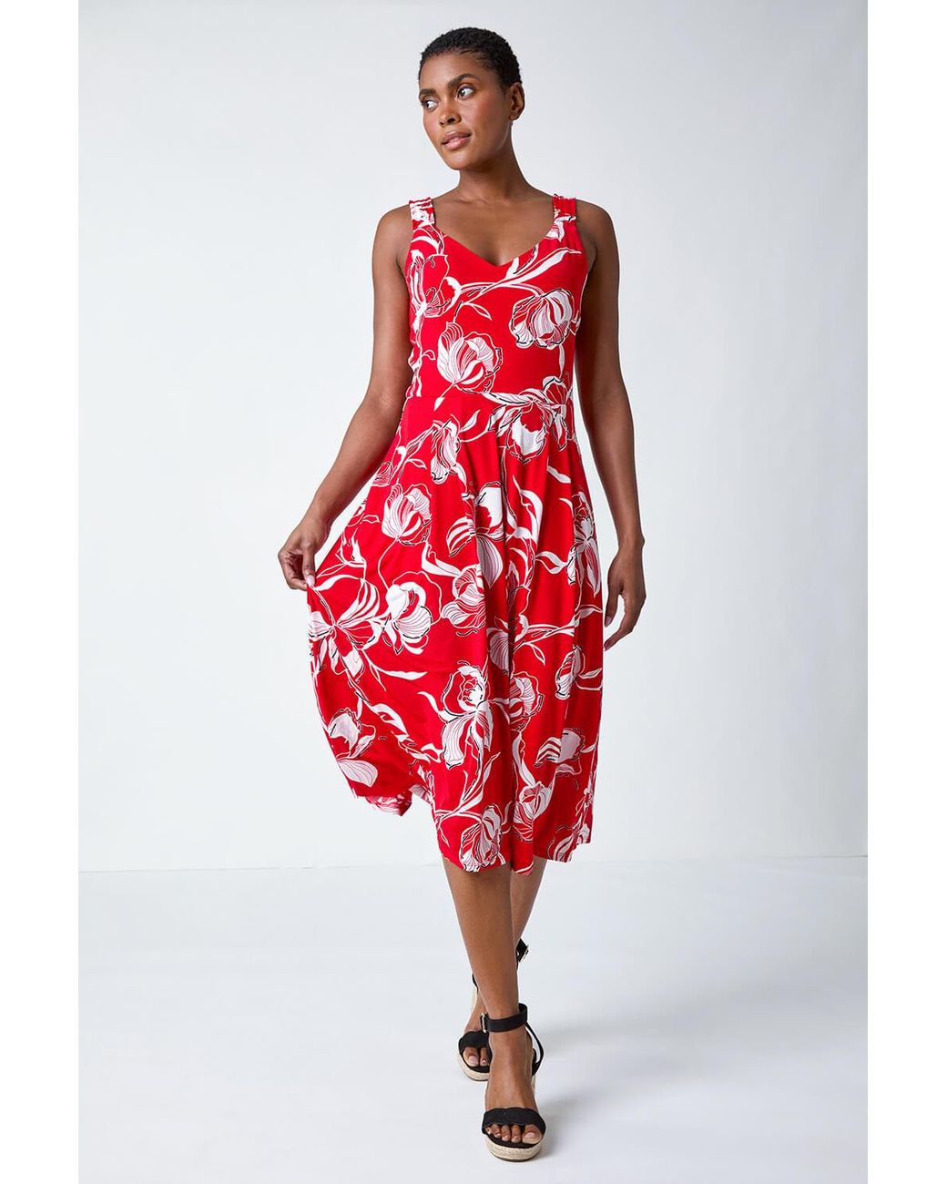 Roman Textured Floral Print Midi Stretch Dress