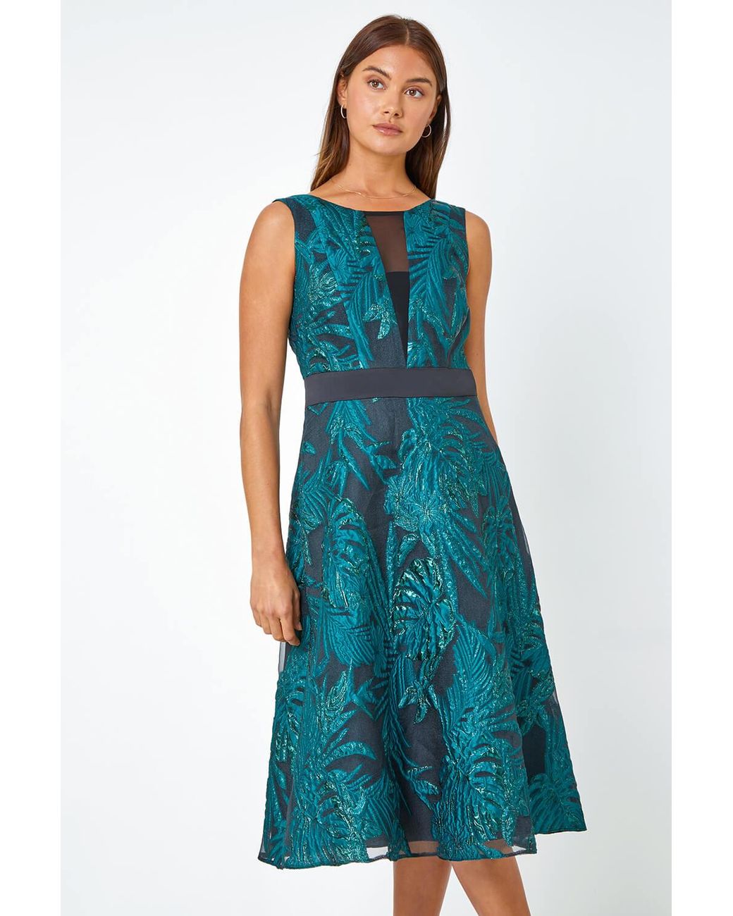 Roman Blue Metallic Floral Print Jacquard Dress