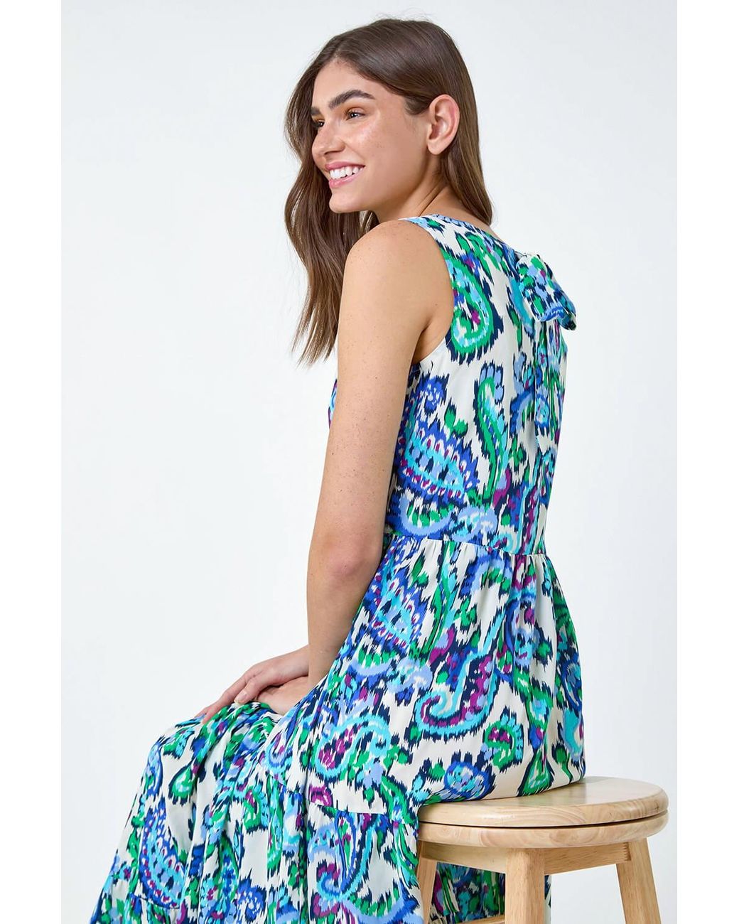 Roman Blue Paisley Tie Detail Tiered Midi Dress