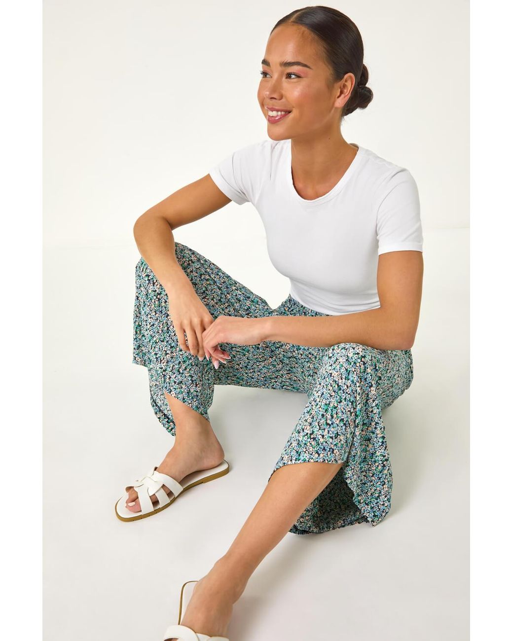 Roman Petite Blue Ditsy Crinkle Cropped Trouser