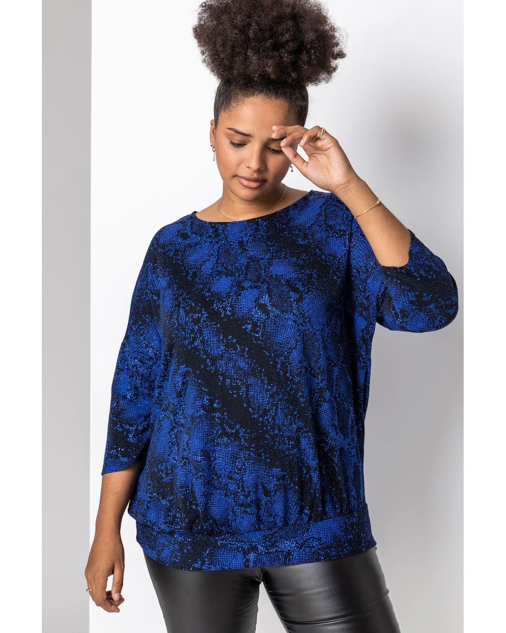 Roman Curve Blue Batwing Sparkle Snake Print Top