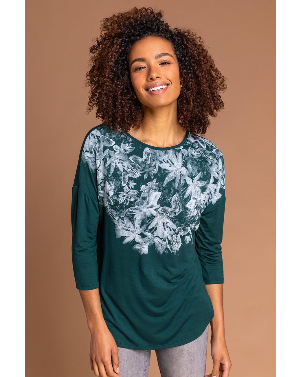 Roman Green Floral Butterfly Print Top