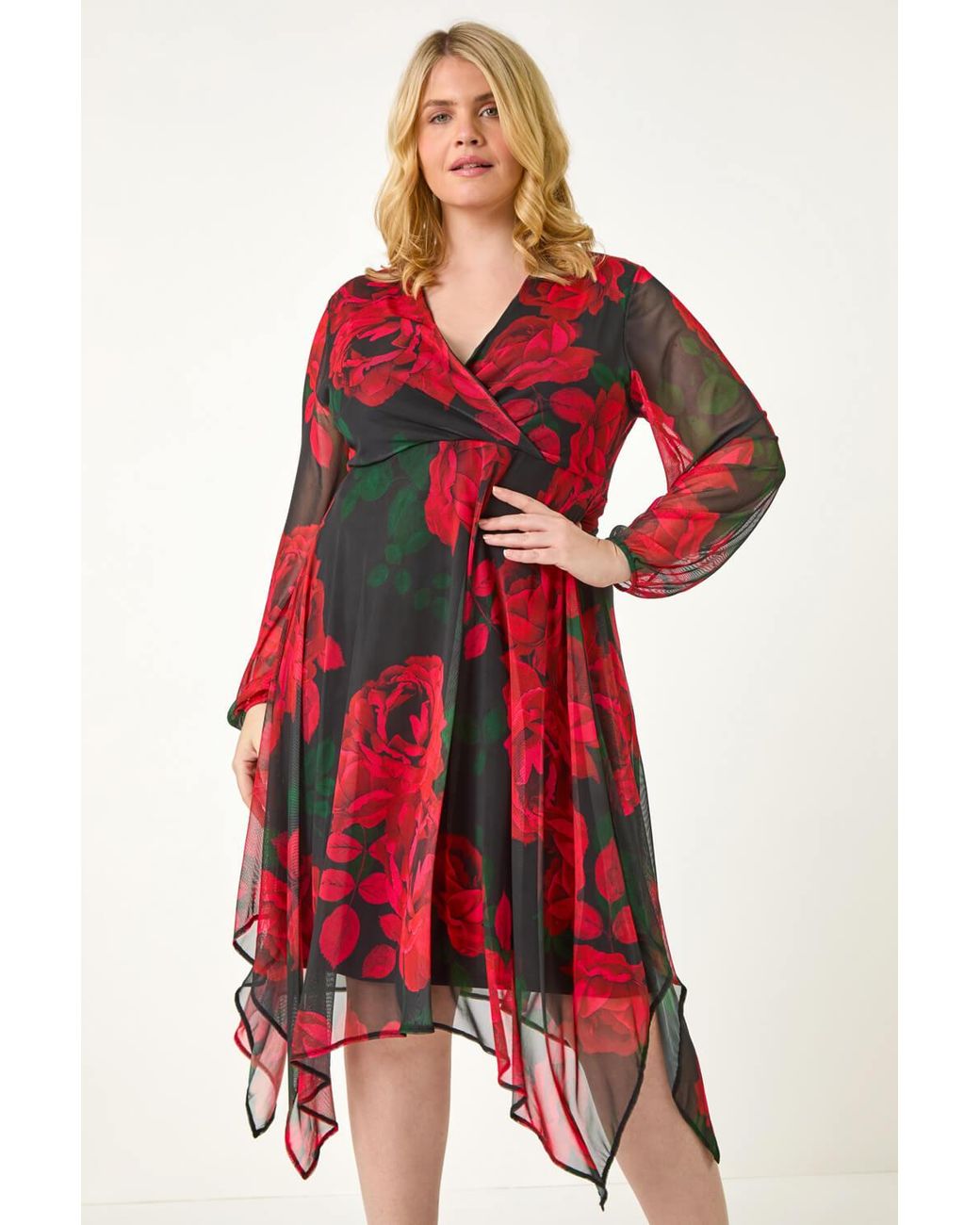 Roman Curve Red Floral Print Wrap Stretch Midi Dress