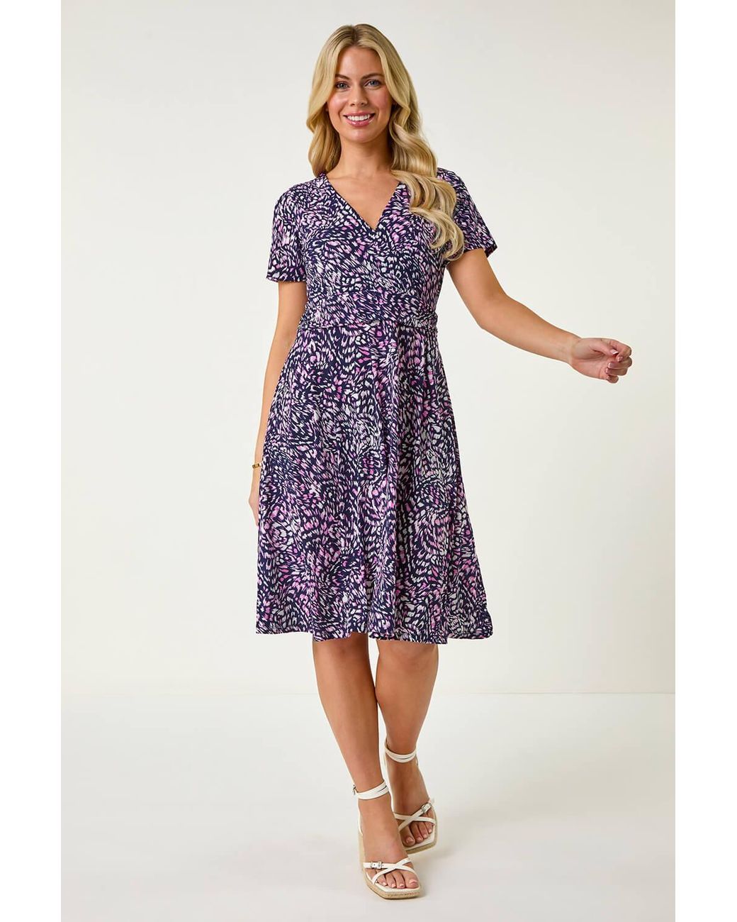 Roman Petite Purple Abstract Gathered Dress