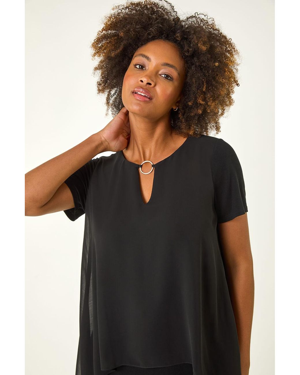 Roman Black Ring Front Chiffon Overlay Top