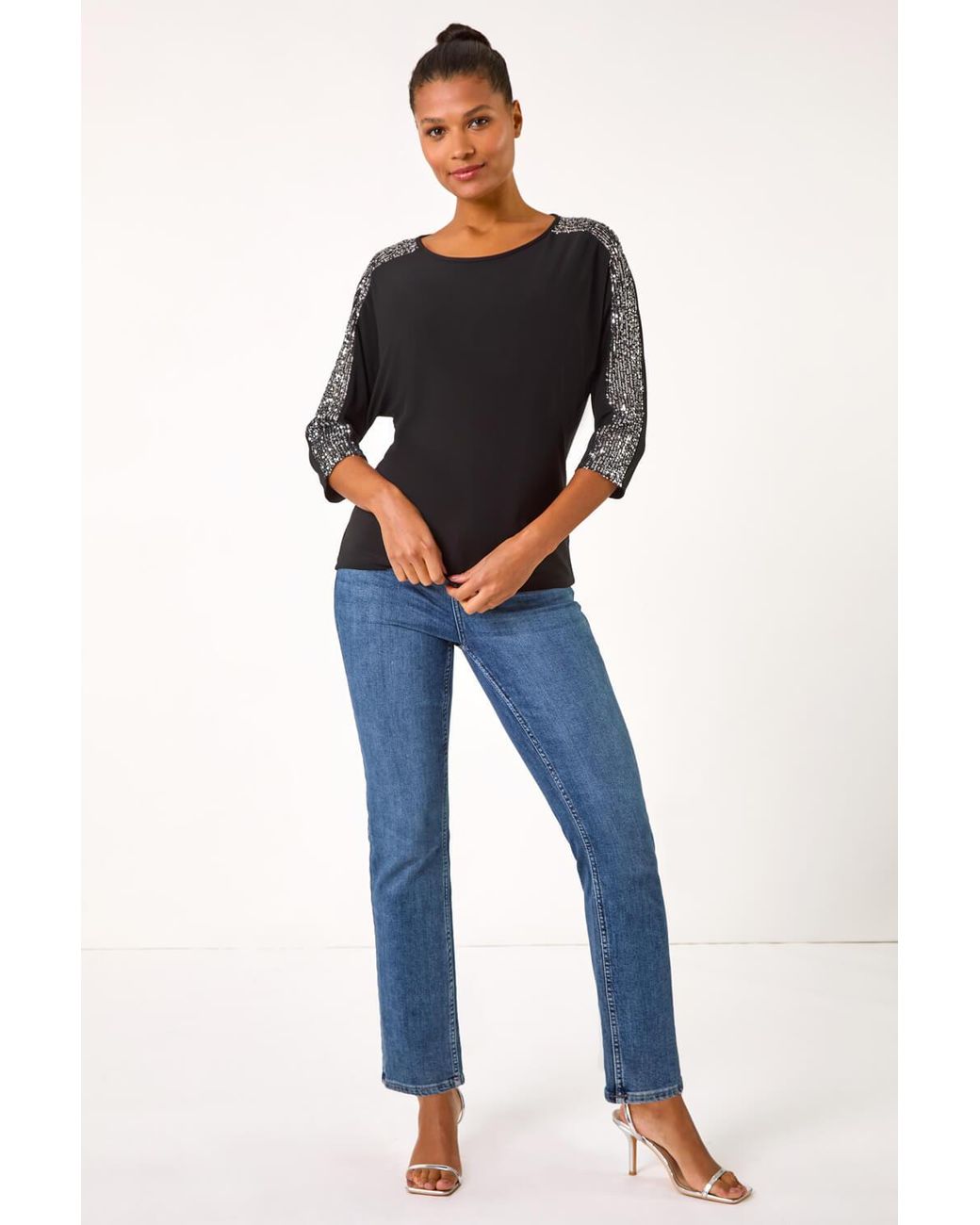 Roman Black Sequin Sleeve Panel Stretch Top