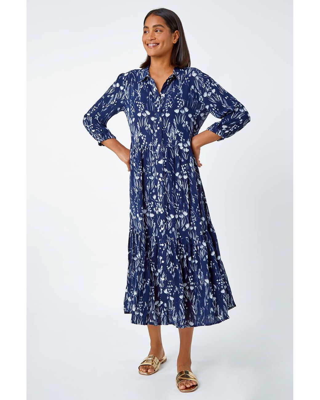 Roman Blue Floral Print Midi Shirt Dress