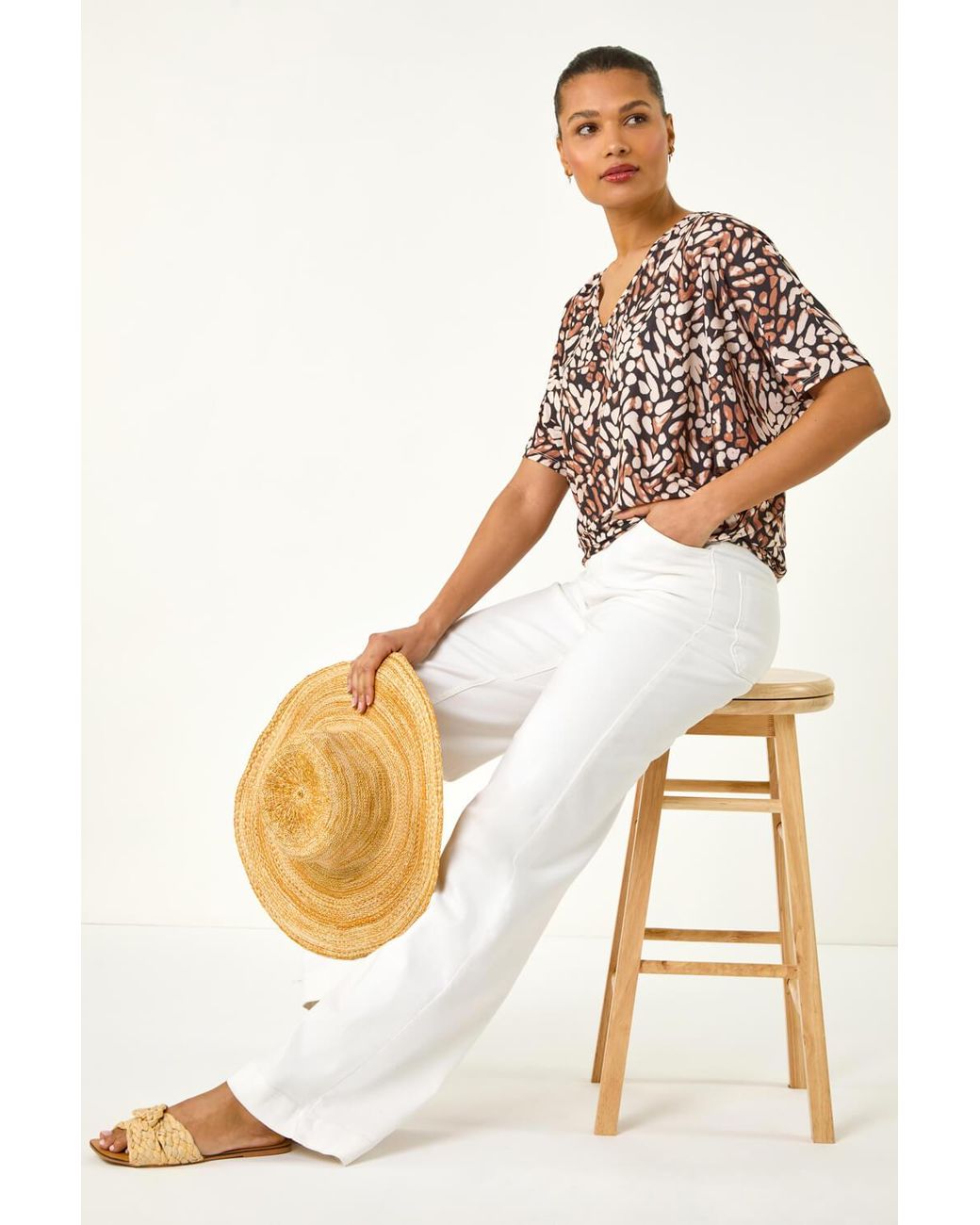 Roman White Abstract Print V-Neck Stretch Top